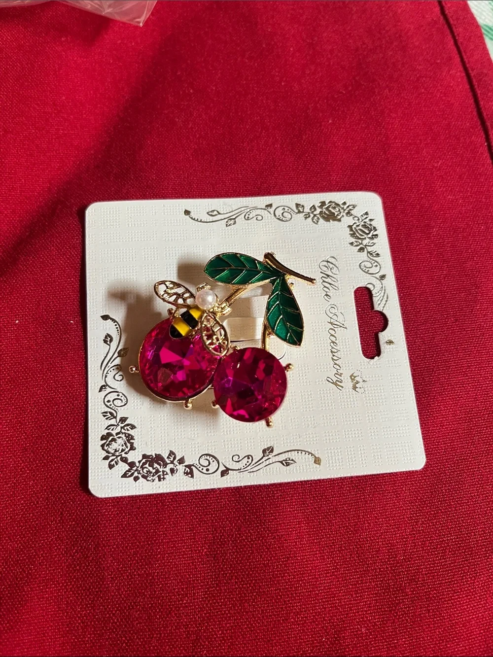 Pink Crystal Cherry Brooch with Enamel Leaves and Bee Accent